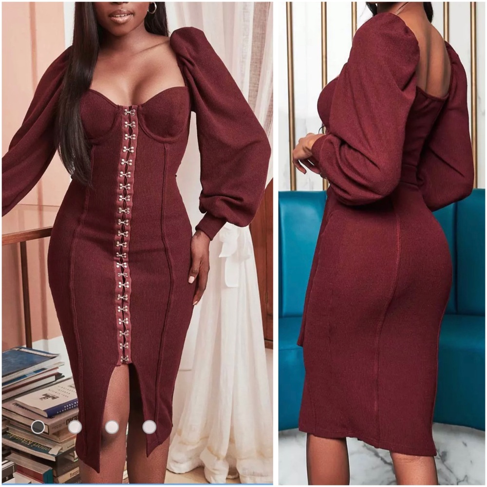 ASOS Lavish Alice Hook & Eye Corset Ribbed Puff Sleeve Midi Pencil Dress